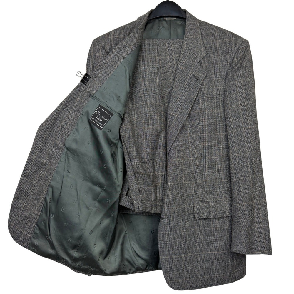 Vintage Christian Dior 2-Piece Suit Mens 42L 33x33 Wool Grey Glen Plaid Pleated